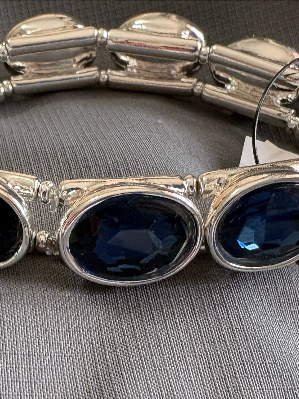 Chico’s Silver-Tone stretch Bracelet with Deep Blue rhinestones 7.5 NWT